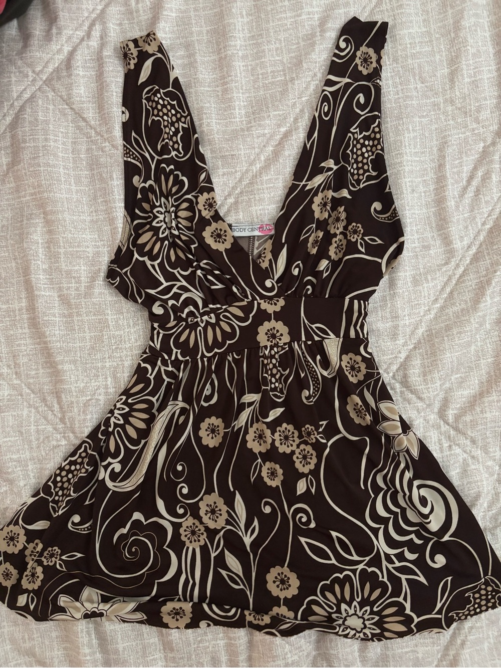 Vintage Body Central Brown and Cream Floral Deep V Empire-Waist Top